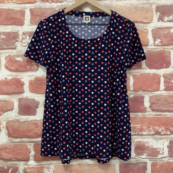 Anne Klein Top Shirt Women's Small Dark Blue Multicolor Polka Dot Popover Blouse - Picture 6 of 8